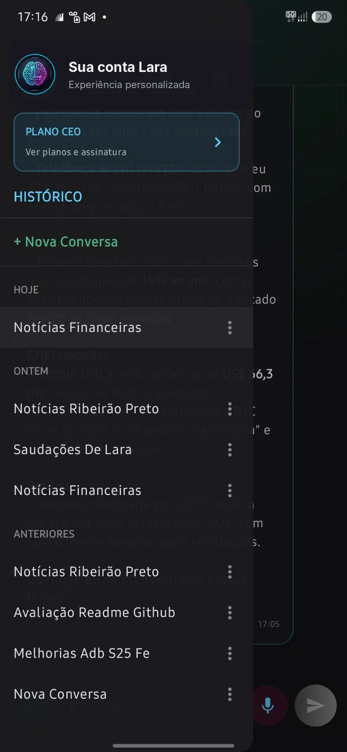 Menu da Lara com histórico de conversas e área da conta