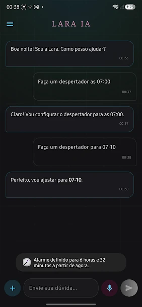 Conversa real onde a Lara ajusta um despertador de 07:00 para 07:10 e confirma a alteração no sistema Android