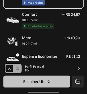 Aplicativo do Uber aberto de fato no Android, com opções de viagem para o destino pedido à Lara